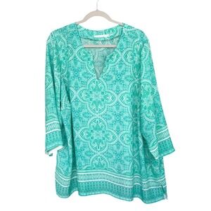 Violet + Claire Green Medallion Paisley Tunic Top 3/4 Sleeve Split neck XXL 1X